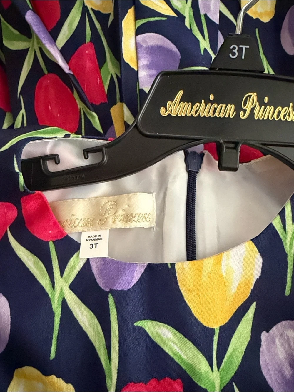 American Princess Navy Tulip Print Party Dress with Pearl Belt